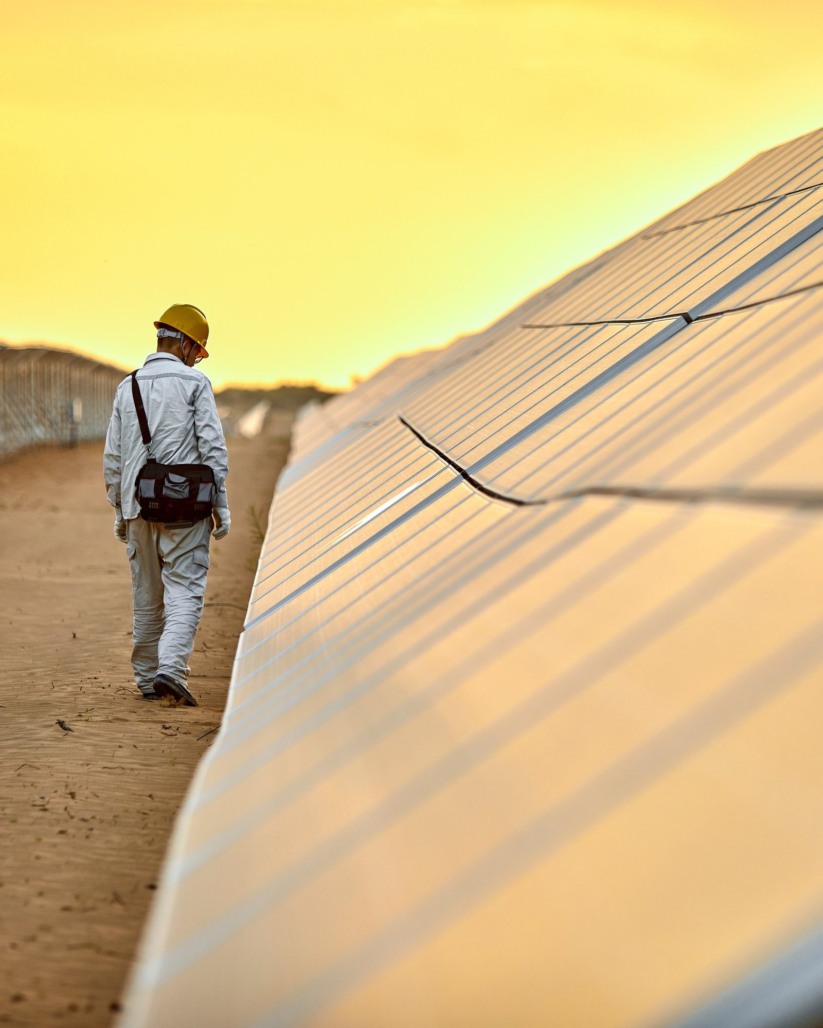 man inspecting solar panels in an array