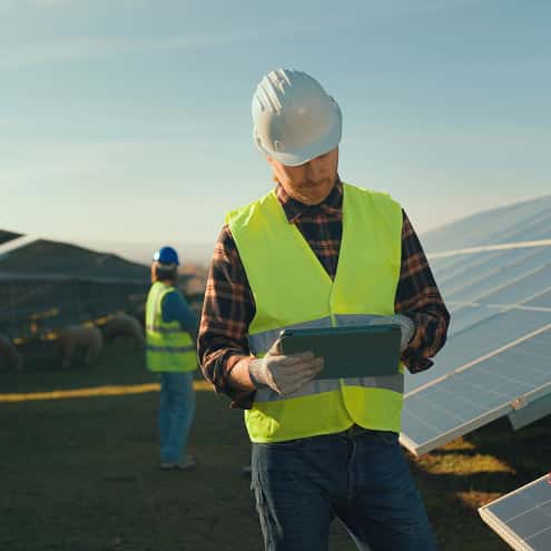 Man wearing hard hat and neon vest, looking at tablet surrounded by solar panels